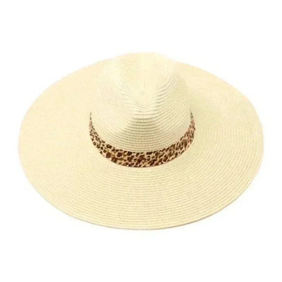 Leopard Print Band Straw Sun Hat - Picture 1 of 2